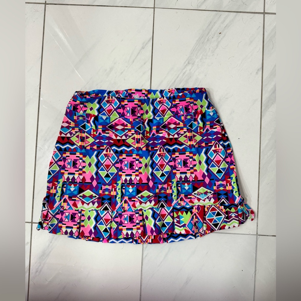 Bright multicolor Pickleball tennis skirt. Ruffles on the bottom
